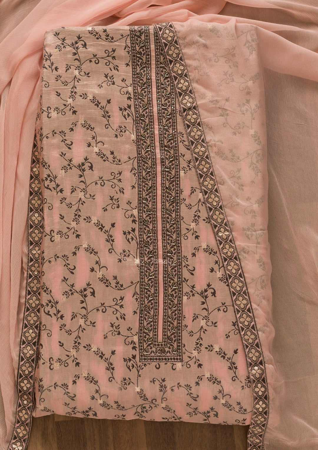 Peach Threadwork Cutdana Unstitched Salwar Kameez-Koskii