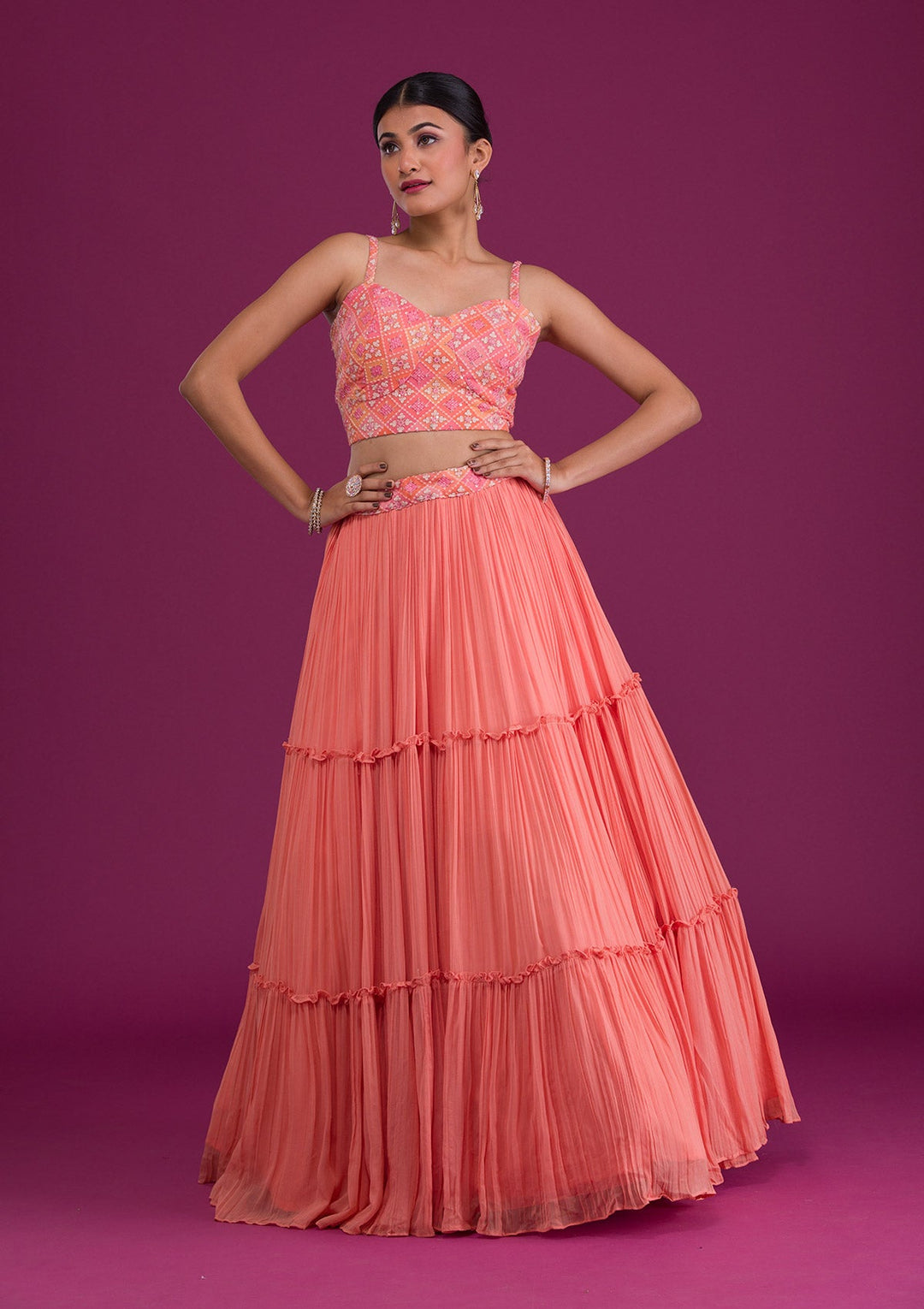 Peach Threadwork Georgette Readymade Lehenga-Koskii