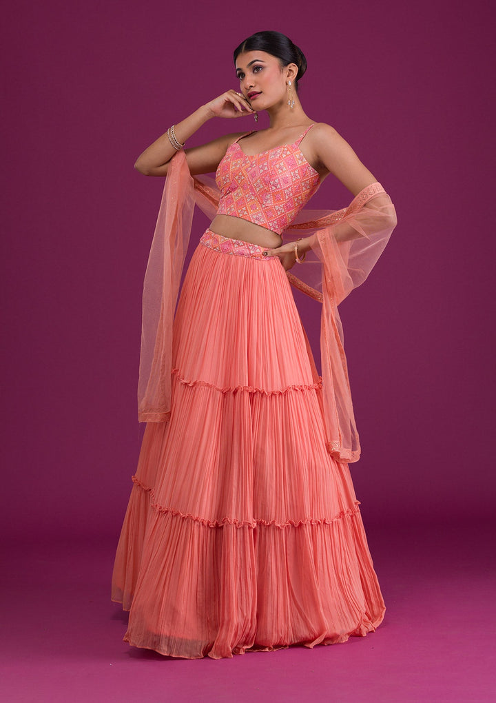 Peach Threadwork Georgette Readymade Lehenga-Koskii