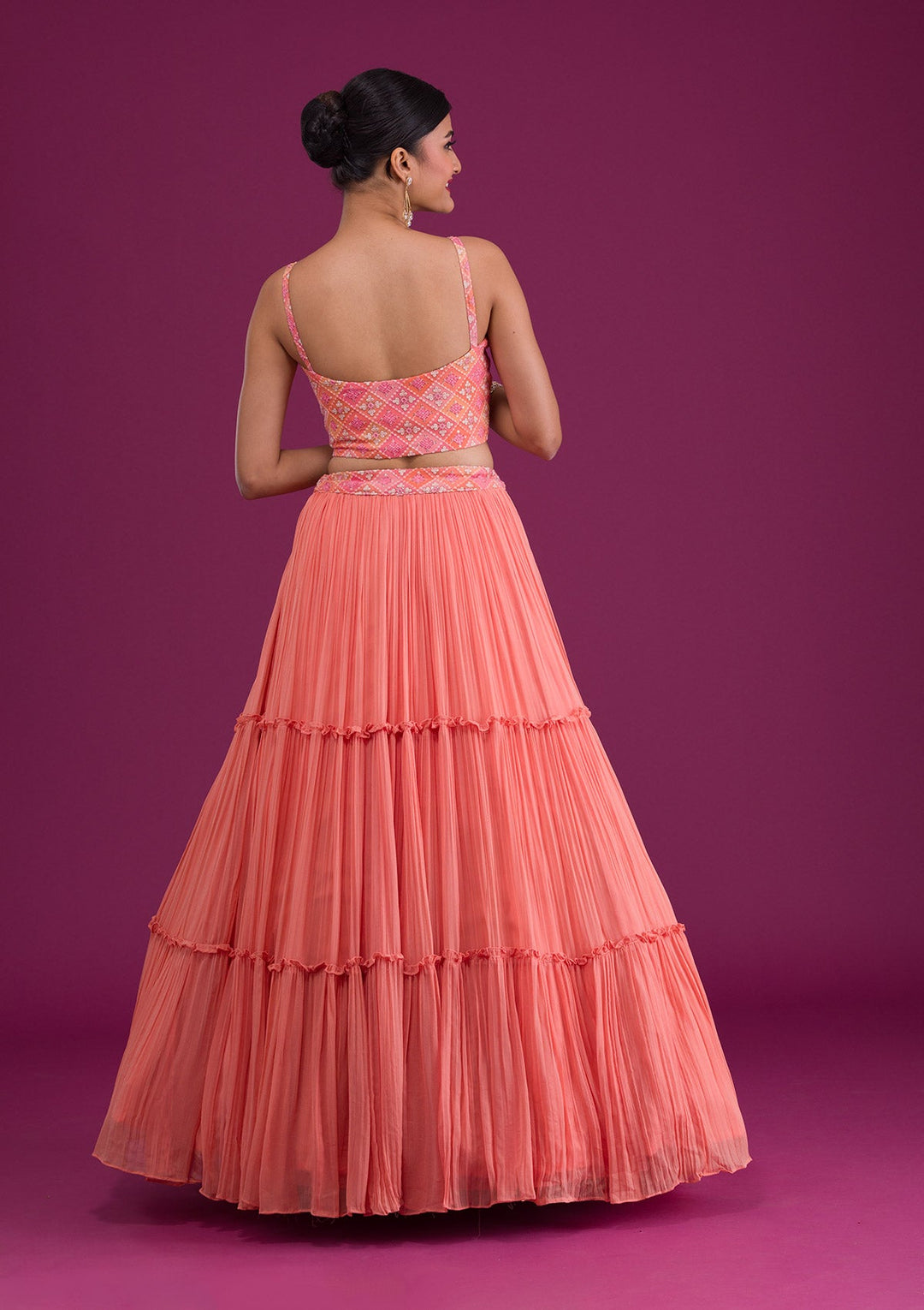 Peach Threadwork Georgette Readymade Lehenga-Koskii