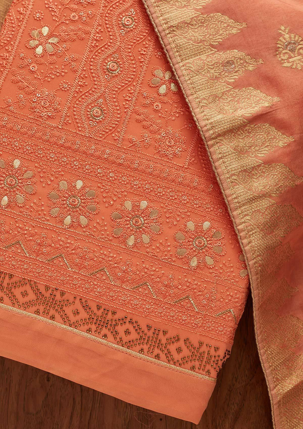 Peach Threadwork Georgette Designer Semi-Stitched Salwar Suit - koskii