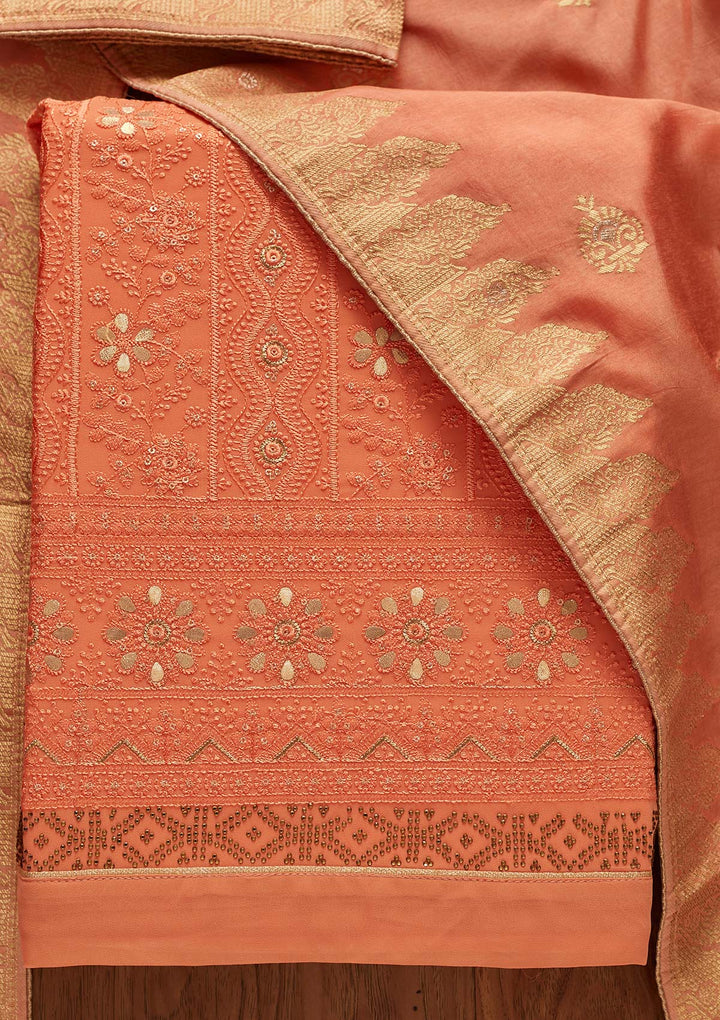 Peach Threadwork Georgette Designer Semi-Stitched Salwar Suit - koskii