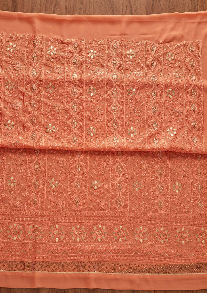 Peach Threadwork Georgette Designer Semi-Stitched Salwar Suit - koskii