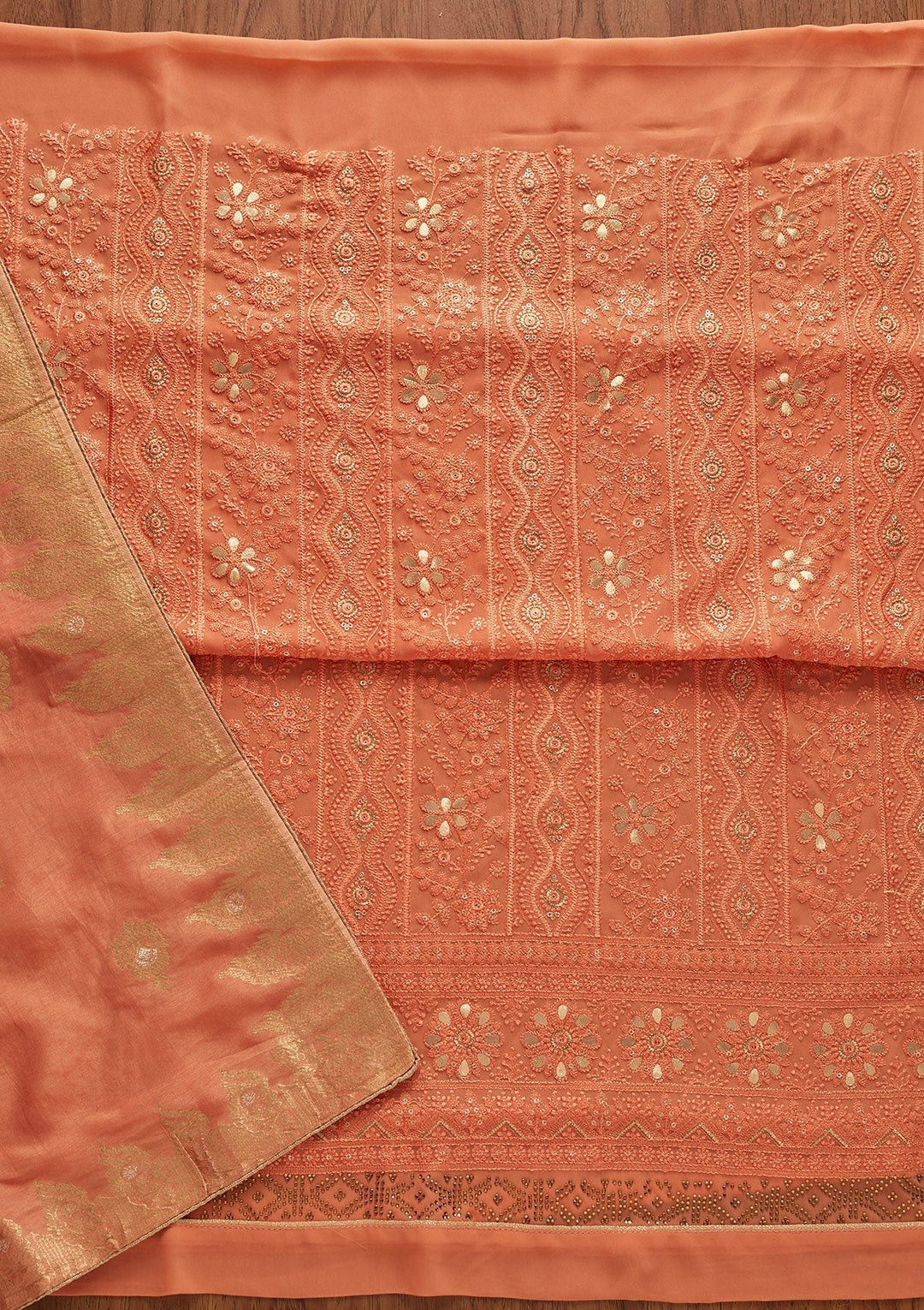 Peach Threadwork Georgette Designer Semi-Stitched Salwar Suit - koskii