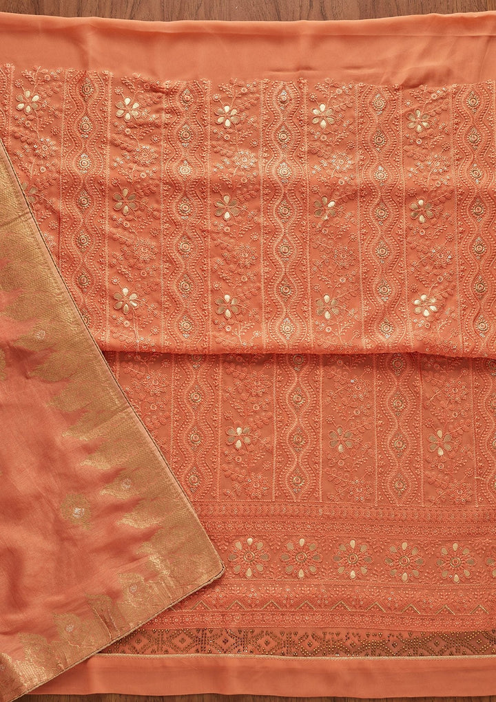 Peach Threadwork Georgette Designer Semi-Stitched Salwar Suit - koskii