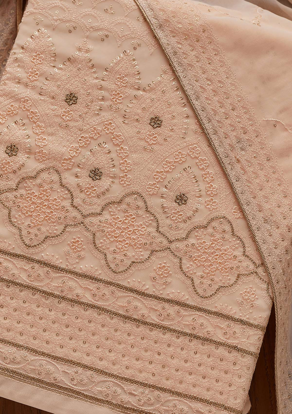 Peach Threadwork Georgette Designer Semi-Stitched Salwar Suit - Koskii