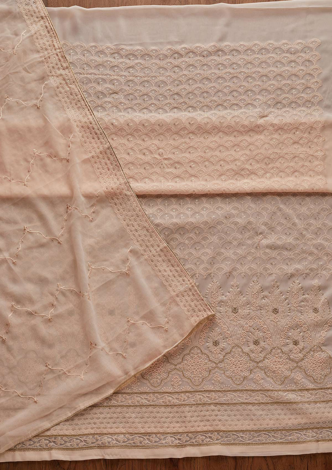 Peach Threadwork Georgette Designer Semi-Stitched Salwar Suit - Koskii