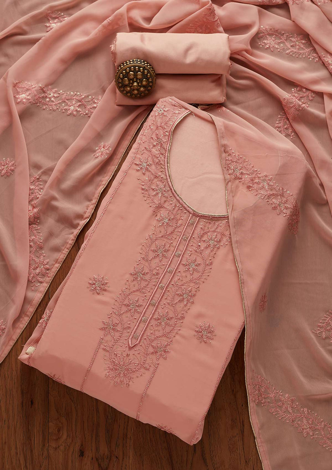 Peach Threadwork Georgette Designer Semi-Stitched Salwar Suit - Koskii