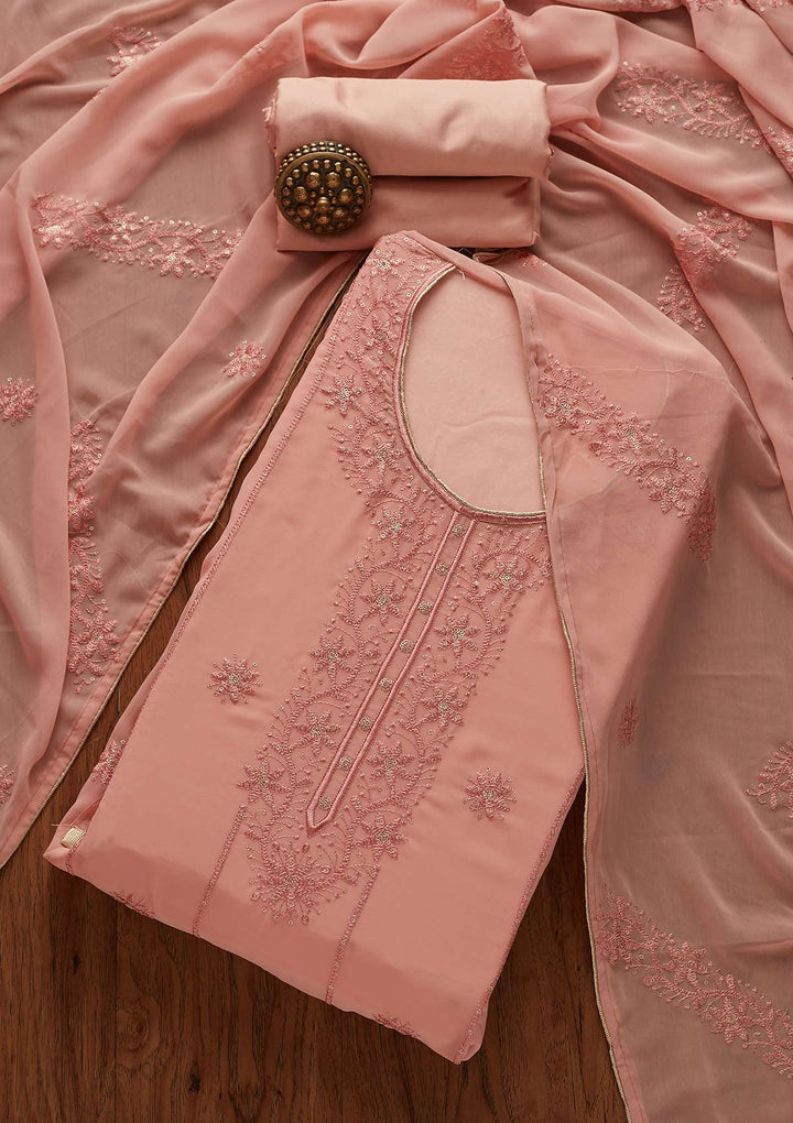 Peach Threadwork Georgette Designer Semi-Stitched Salwar Suit - Koskii
