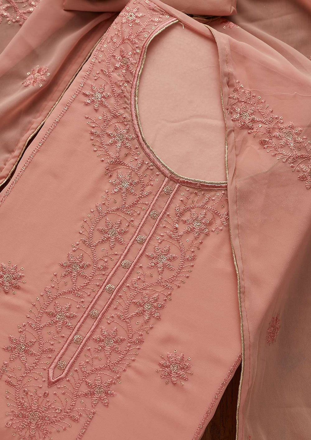 Peach Threadwork Georgette Designer Semi-Stitched Salwar Suit - Koskii