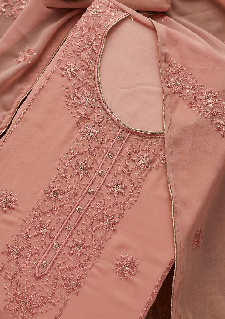 Peach Threadwork Georgette Designer Semi-Stitched Salwar Suit - Koskii