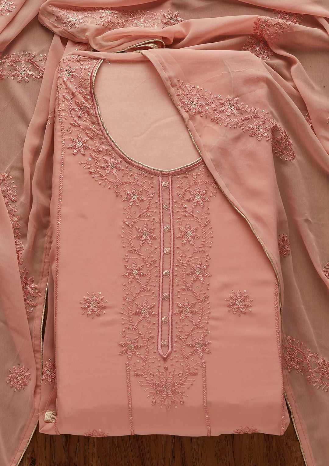 Peach Threadwork Georgette Designer Semi-Stitched Salwar Suit - Koskii