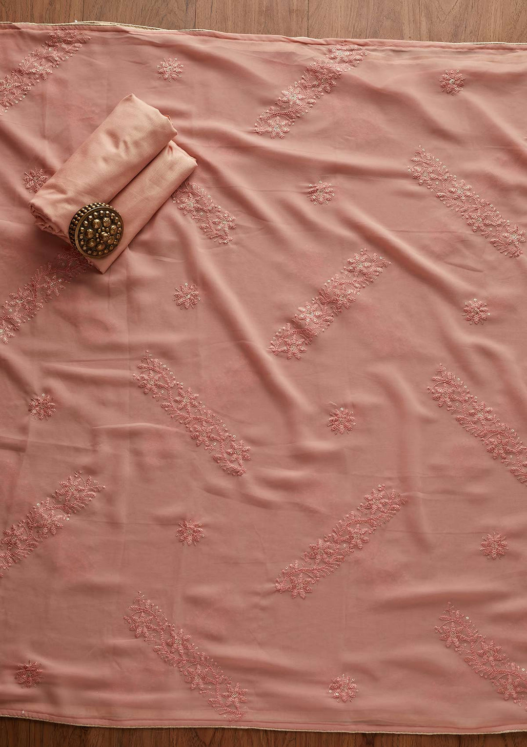 Peach Threadwork Georgette Designer Semi-Stitched Salwar Suit - Koskii