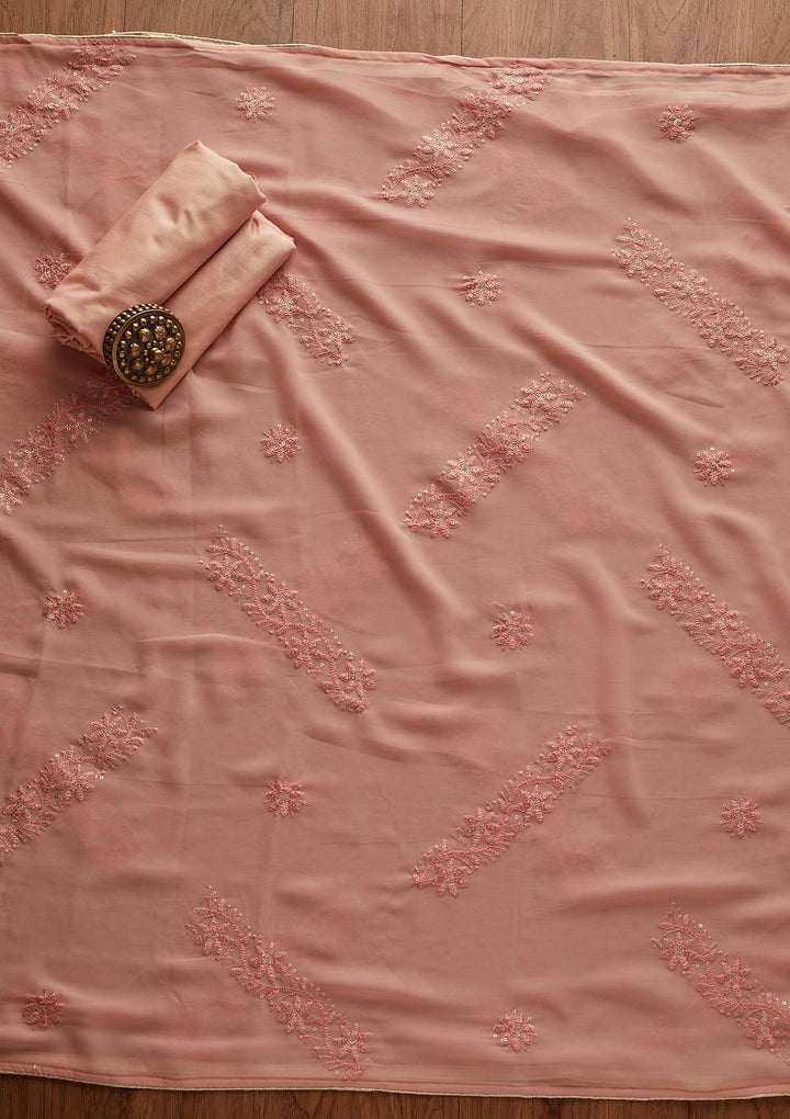 Peach Threadwork Georgette Designer Semi-Stitched Salwar Suit - Koskii