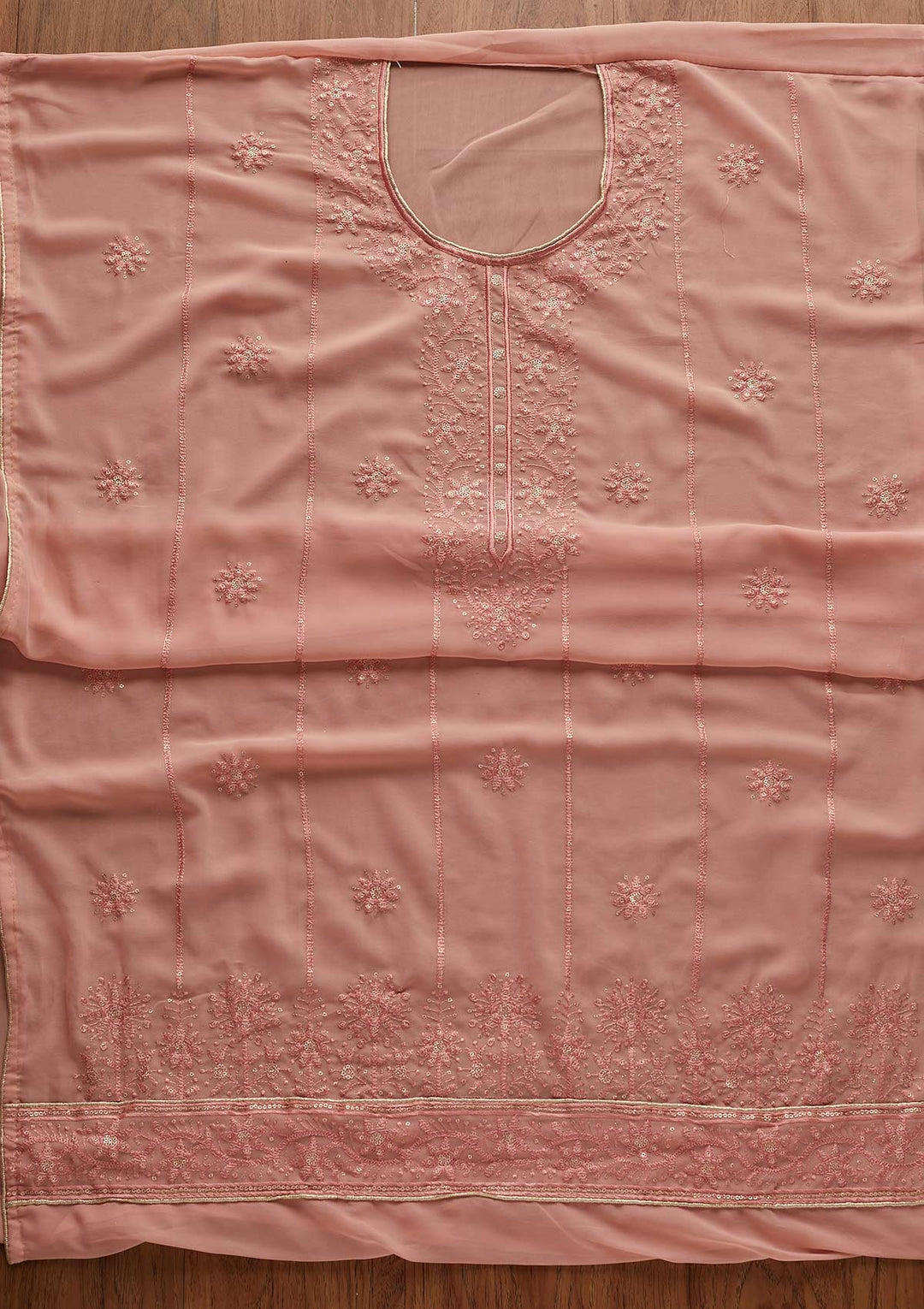 Peach Threadwork Georgette Designer Semi-Stitched Salwar Suit - Koskii