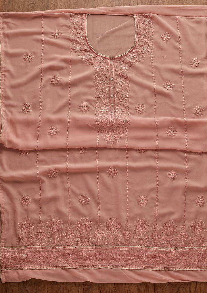 Peach Threadwork Georgette Designer Semi-Stitched Salwar Suit - Koskii