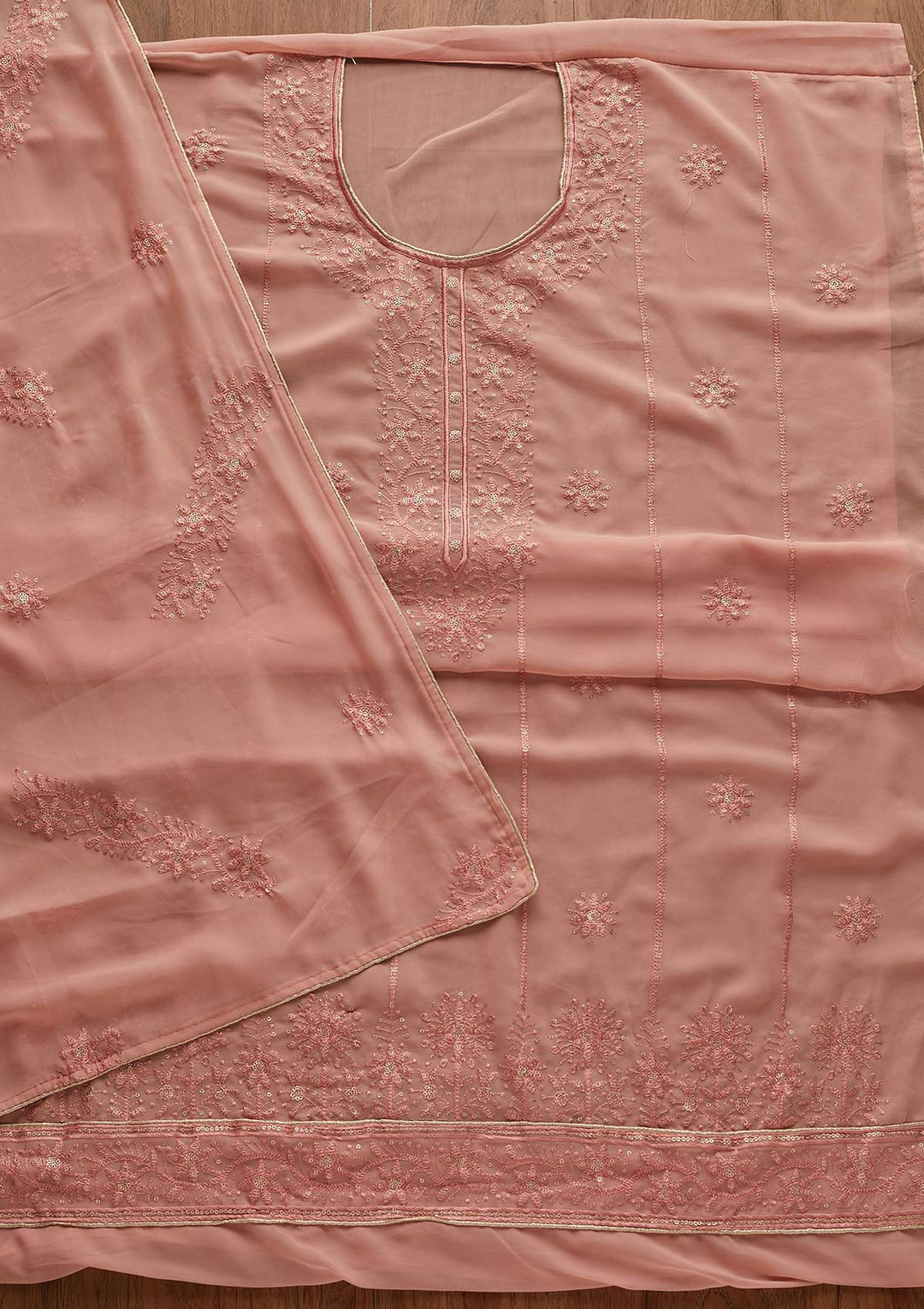Peach Threadwork Georgette Designer Semi-Stitched Salwar Suit - Koskii