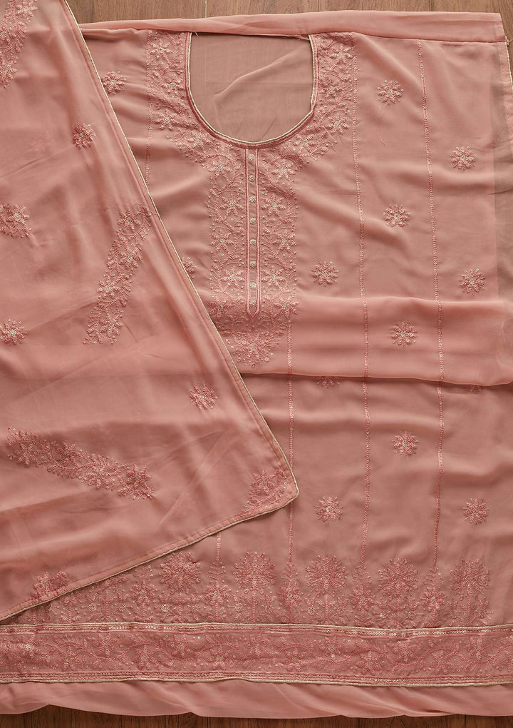 Peach Threadwork Georgette Designer Semi-Stitched Salwar Suit - Koskii