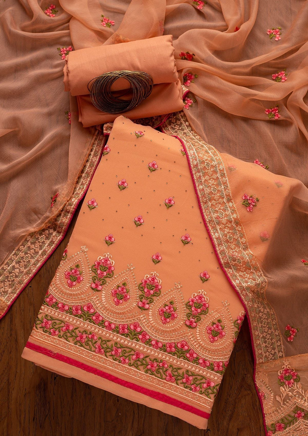 Peach Threadwork Georgette Designer Unstitched Salwar Suit - koskii