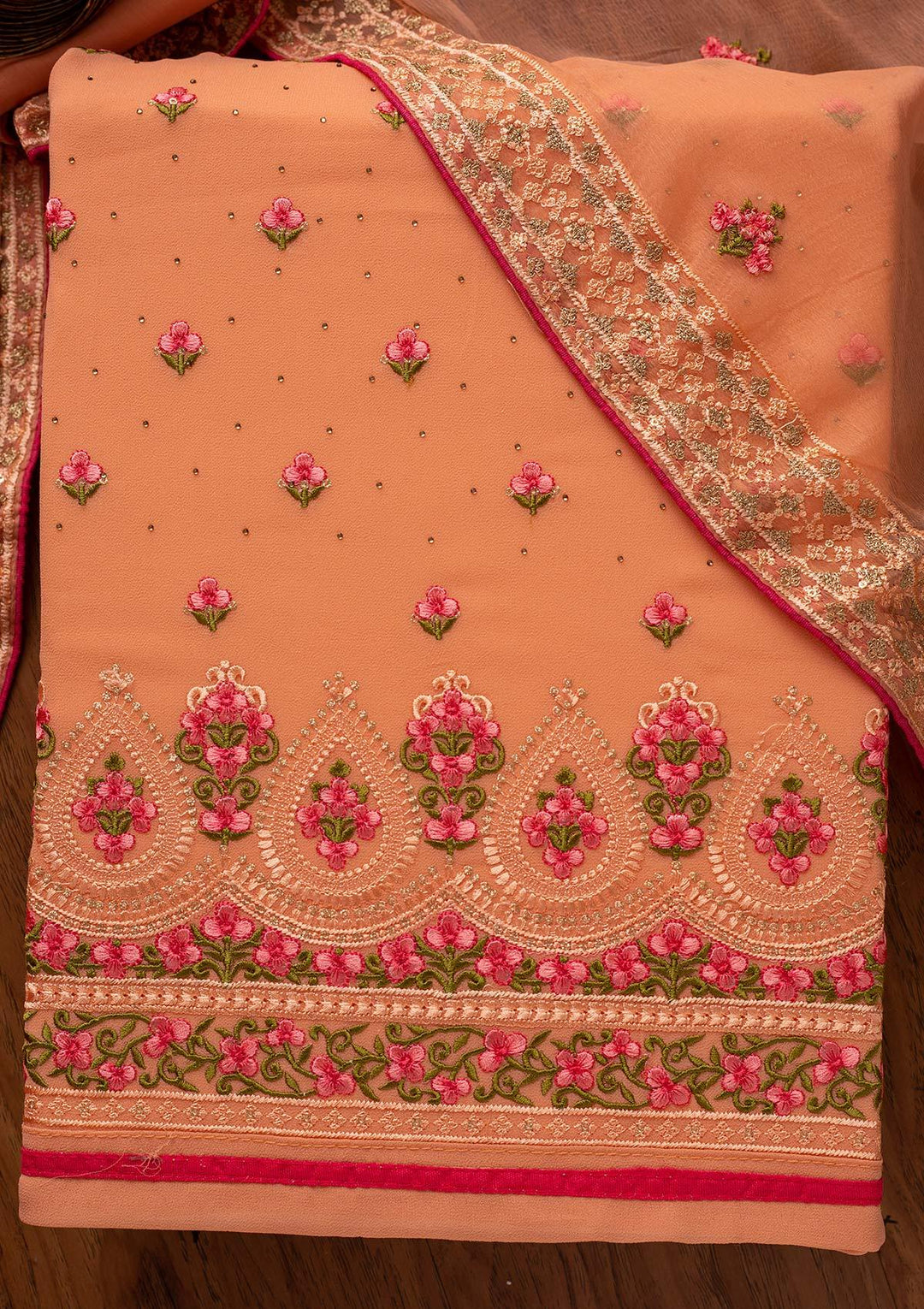 Peach Threadwork Georgette Designer Unstitched Salwar Suit - koskii