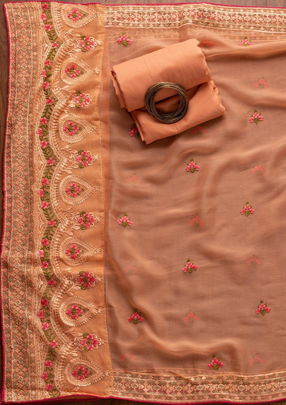 Peach Threadwork Georgette Designer Unstitched Salwar Suit - koskii