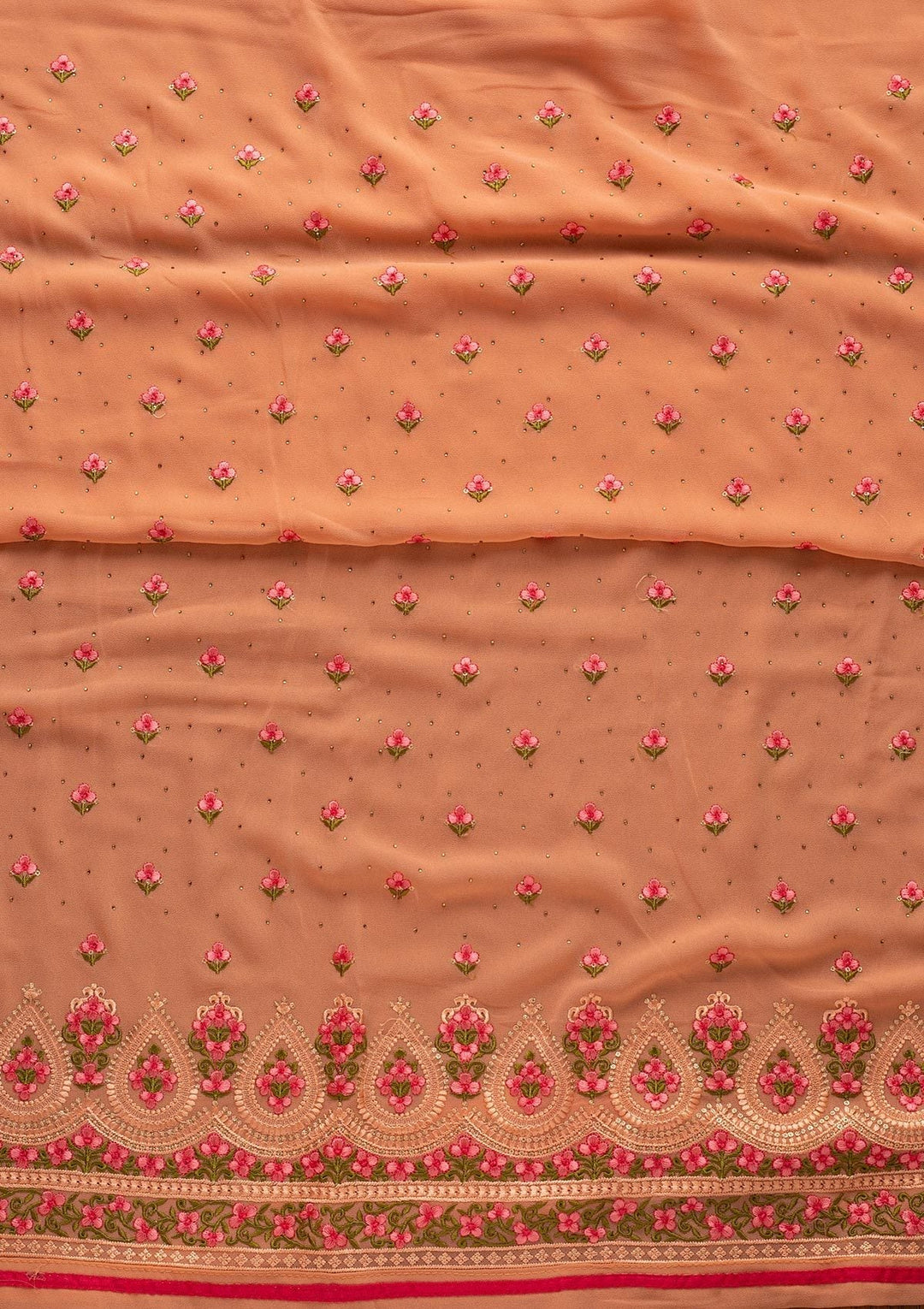 Peach Threadwork Georgette Designer Unstitched Salwar Suit - koskii