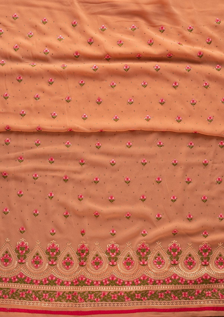 Peach Threadwork Georgette Designer Unstitched Salwar Suit - koskii
