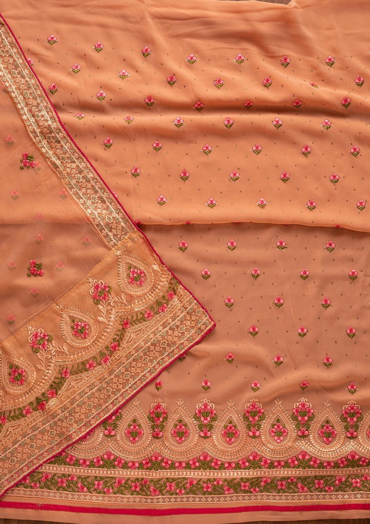 Peach Threadwork Georgette Designer Unstitched Salwar Suit - koskii