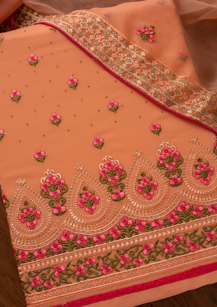 Peach Threadwork Georgette Designer Unstitched Salwar Suit - koskii