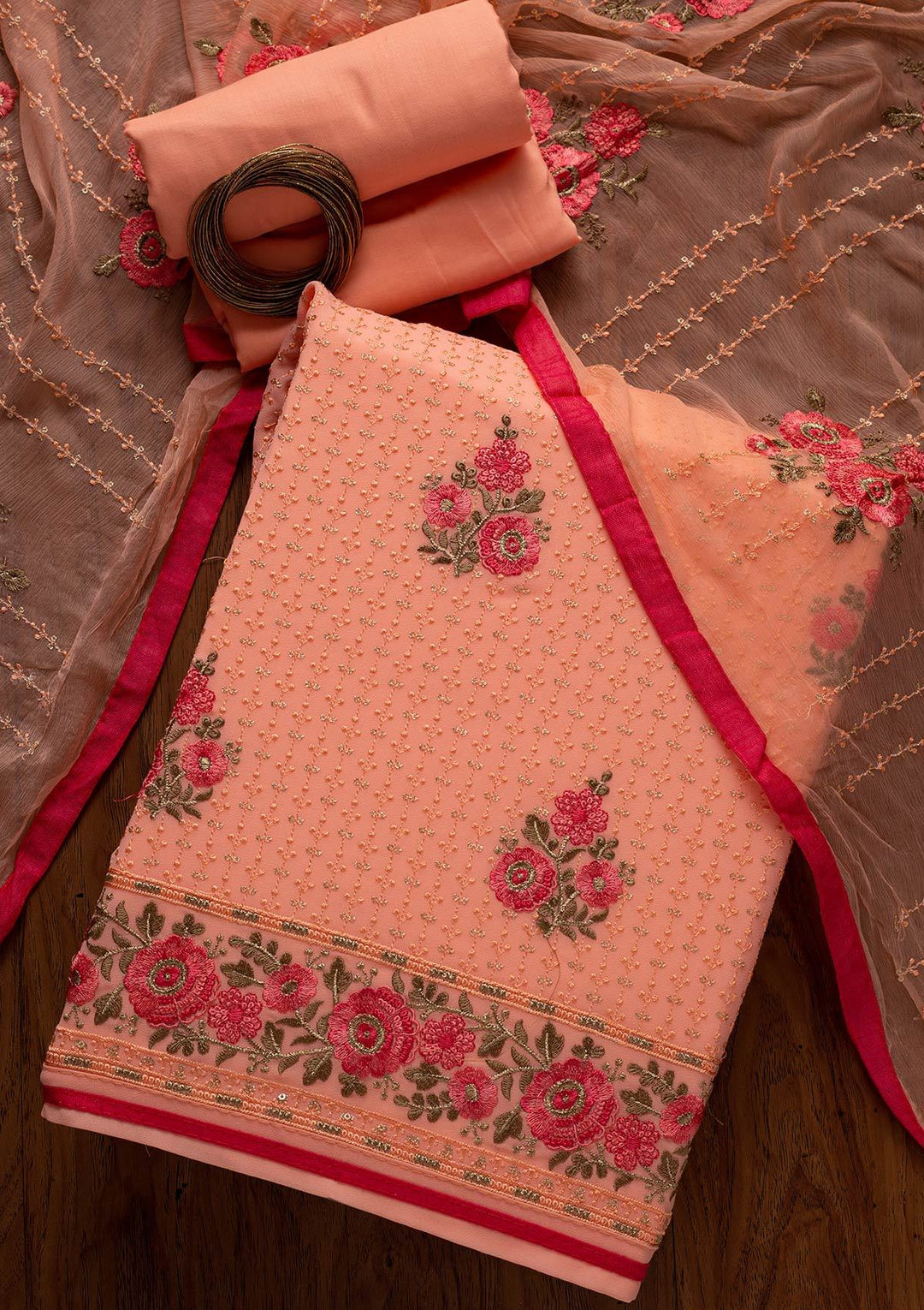Peach Threadwork Georgette Designer Unstitched Salwar Suit - koskii