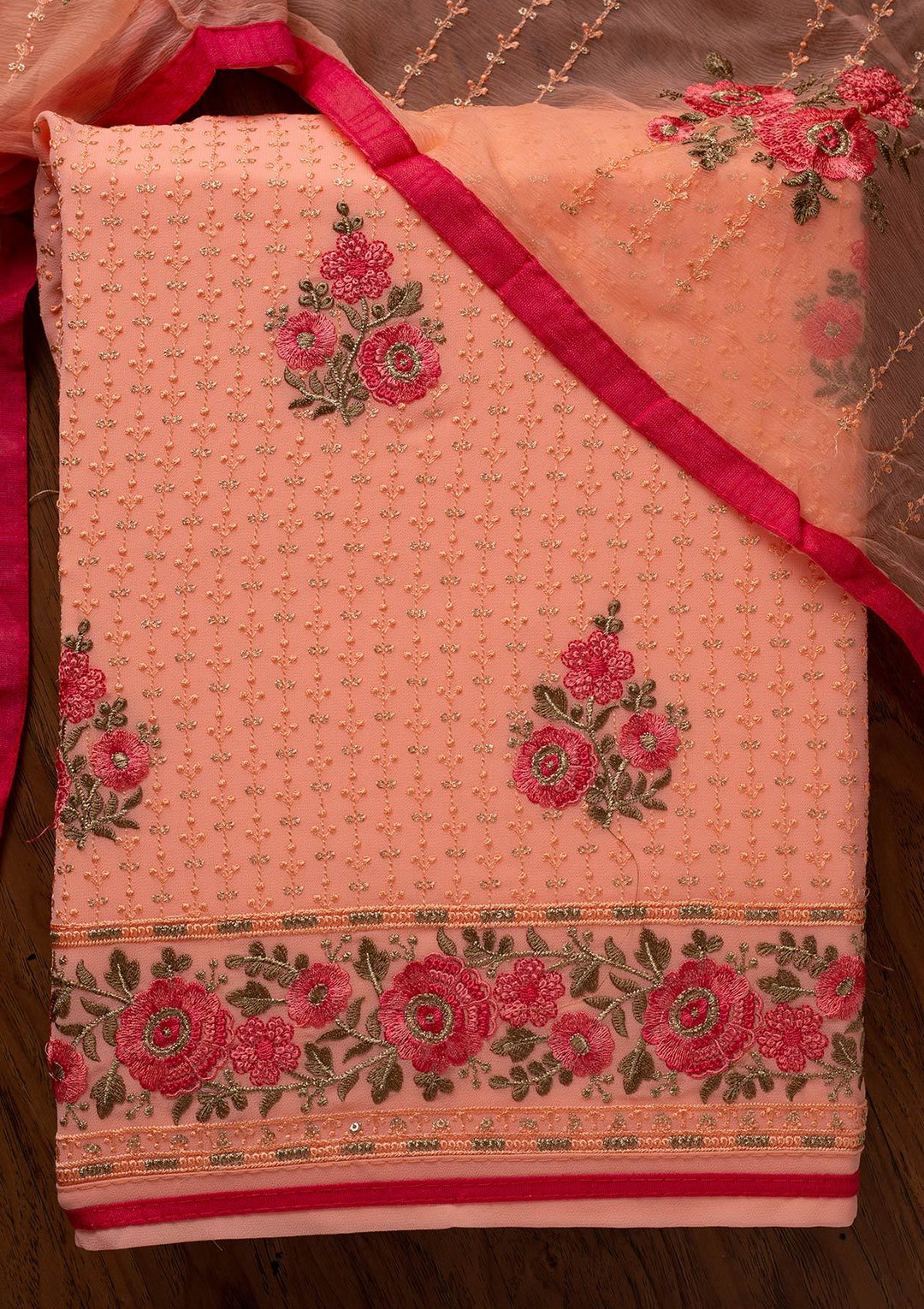 Peach Threadwork Georgette Designer Unstitched Salwar Suit - koskii