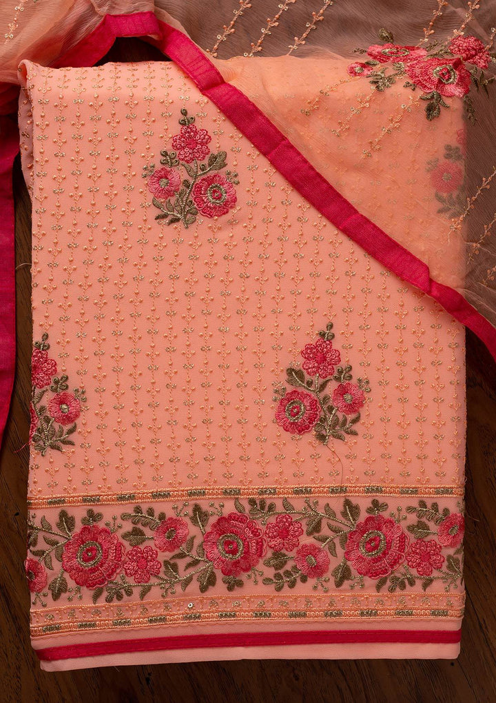 Peach Threadwork Georgette Designer Unstitched Salwar Suit - koskii