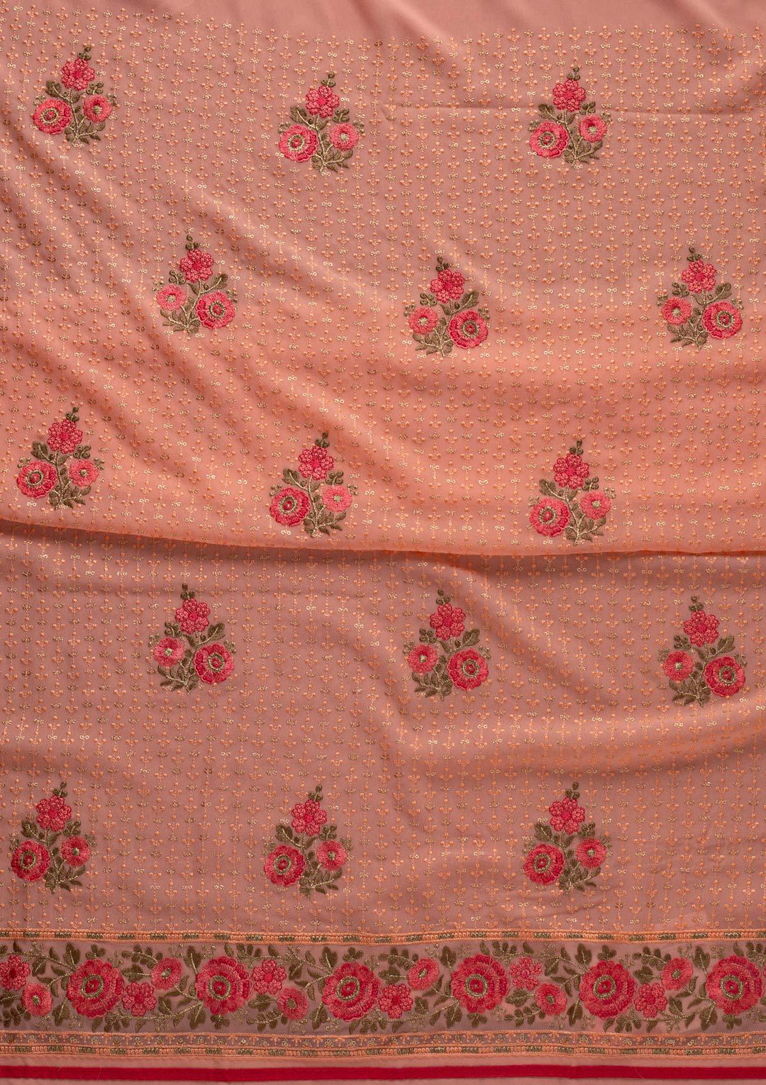 Peach Threadwork Georgette Designer Unstitched Salwar Suit - koskii