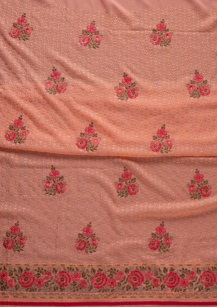 Peach Threadwork Georgette Designer Unstitched Salwar Suit - koskii