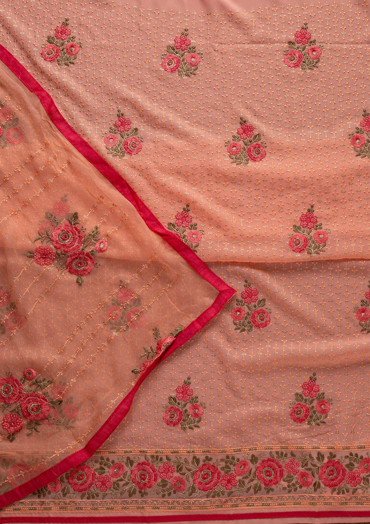 Peach Threadwork Georgette Designer Unstitched Salwar Suit - koskii
