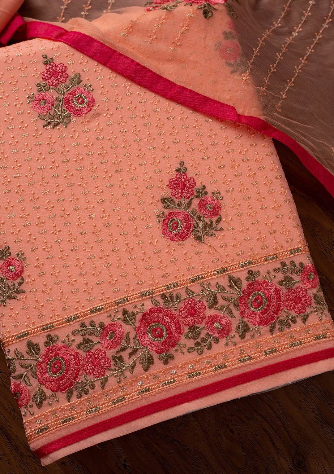 Peach Threadwork Georgette Designer Unstitched Salwar Suit - koskii