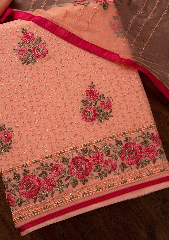 Peach Threadwork Georgette Designer Unstitched Salwar Suit - koskii