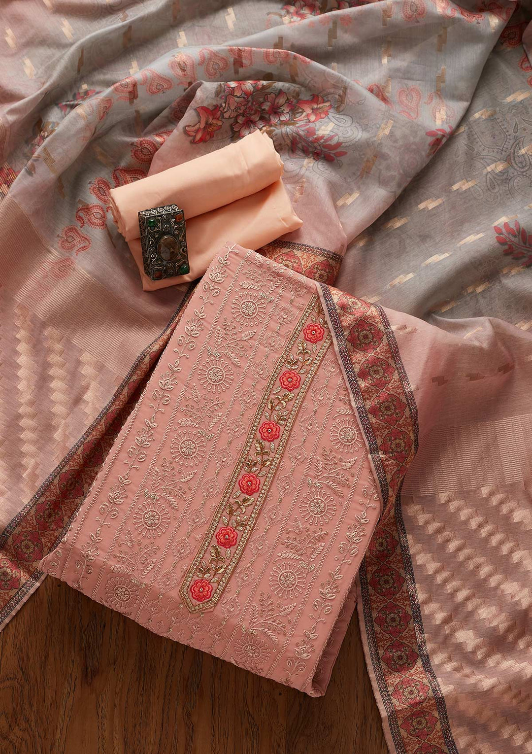 Peach Threadwork Georgette Designer Unstitched Salwar Suit - koskii