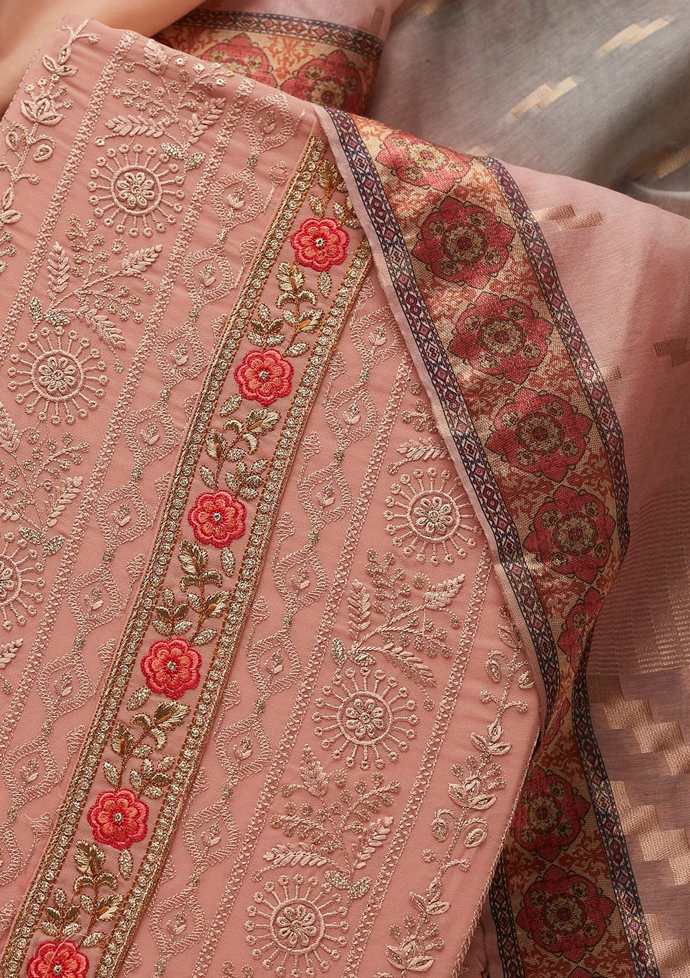 Peach Threadwork Georgette Designer Unstitched Salwar Suit - koskii