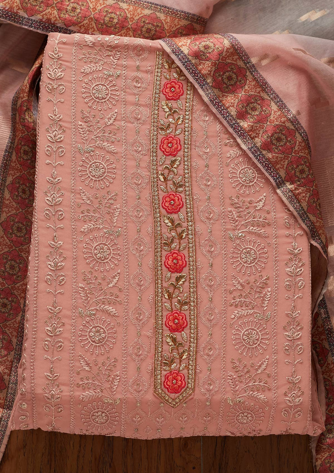 Peach Threadwork Georgette Designer Unstitched Salwar Suit - koskii