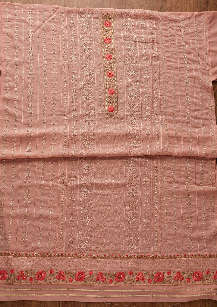 Peach Threadwork Georgette Designer Unstitched Salwar Suit - koskii