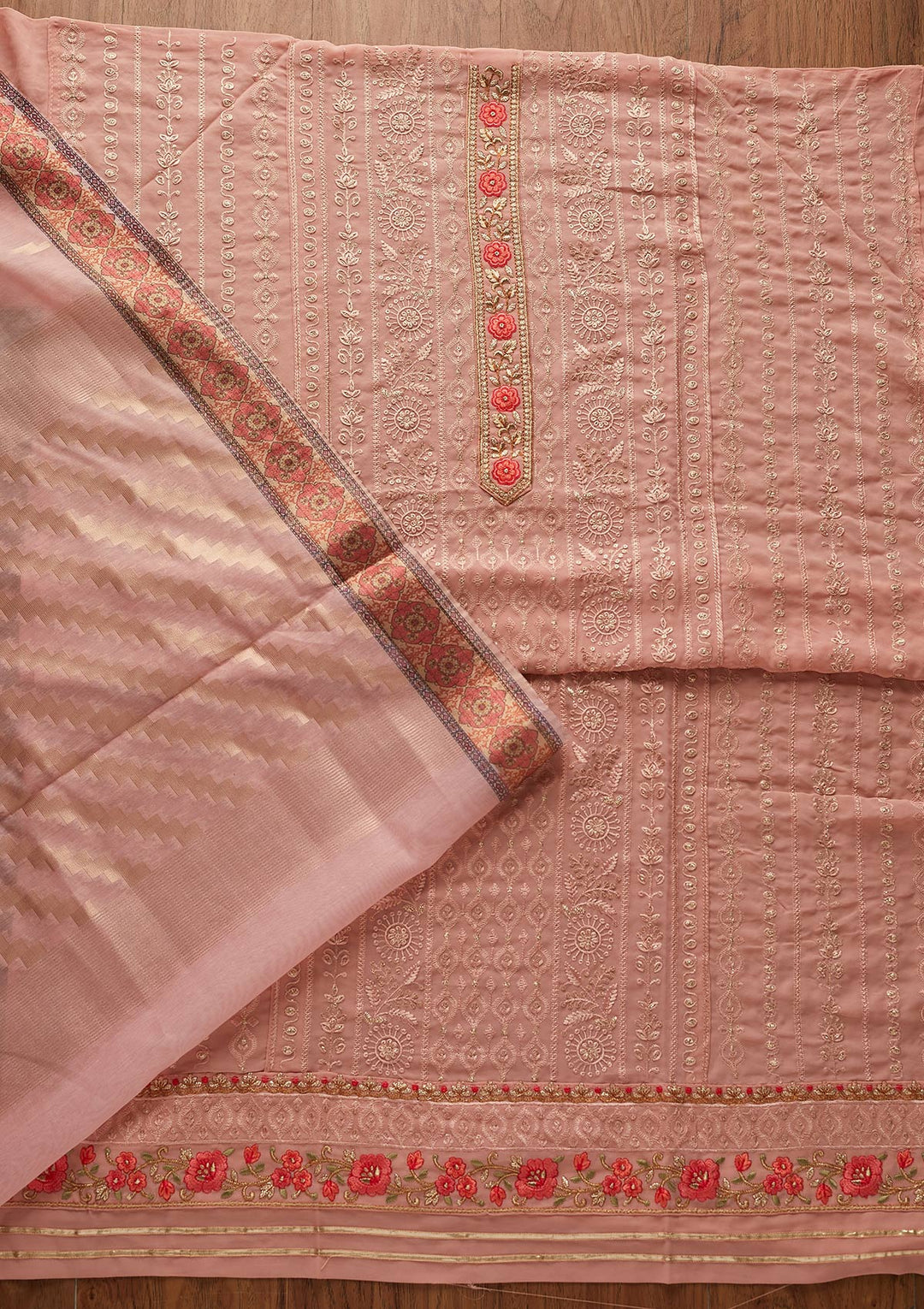 Peach Threadwork Georgette Designer Unstitched Salwar Suit - koskii