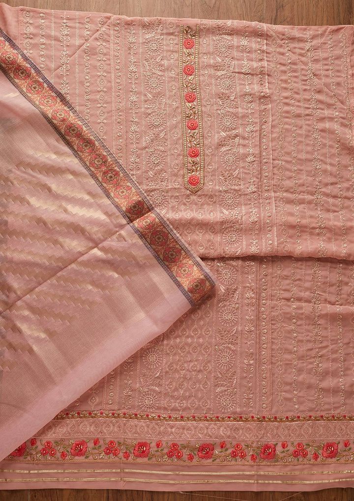 Peach Threadwork Georgette Designer Unstitched Salwar Suit - koskii