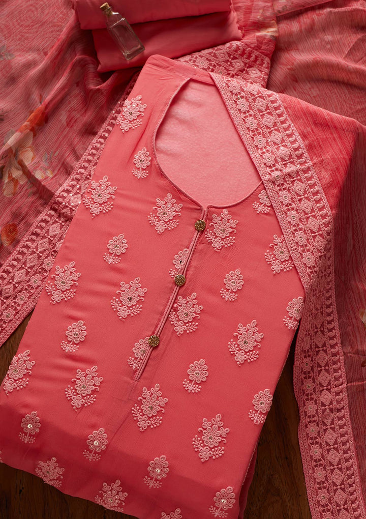 Peach Threadwork Georgette Designer Unstitched Salwar Suit - koskii
