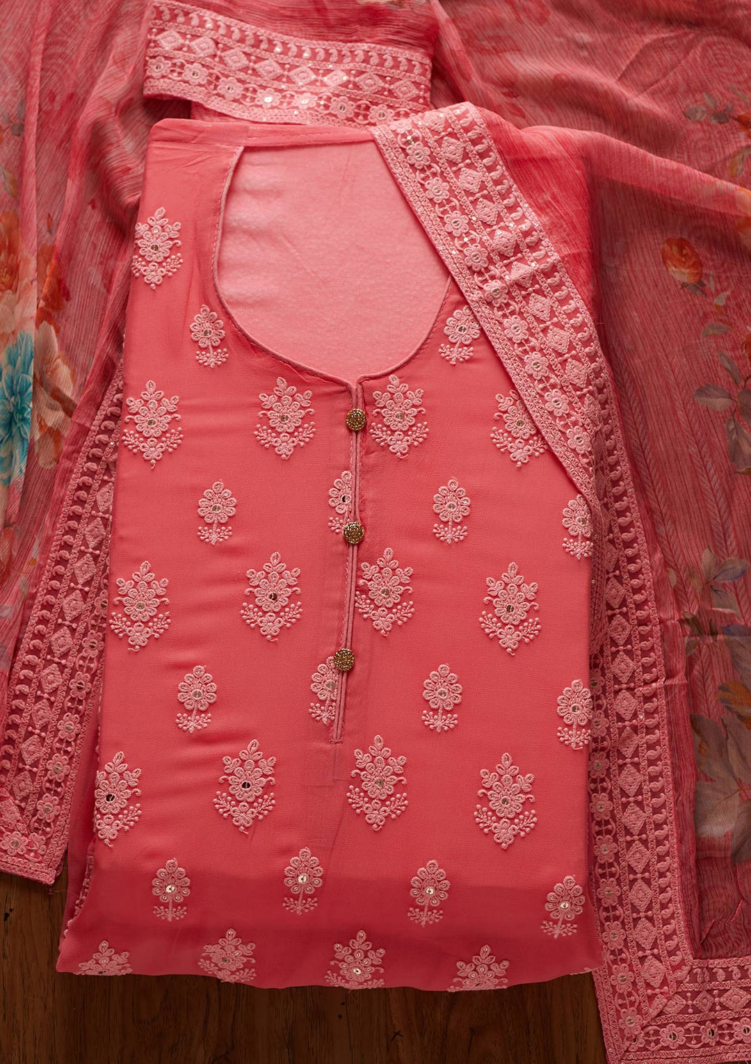 Peach Threadwork Georgette Designer Unstitched Salwar Suit - koskii