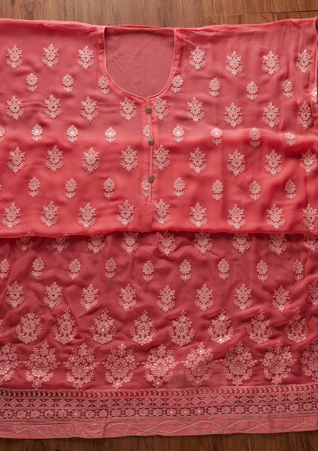 Peach Threadwork Georgette Designer Unstitched Salwar Suit - koskii