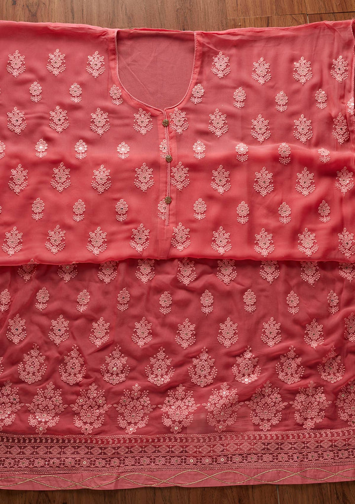 Peach Threadwork Georgette Designer Unstitched Salwar Suit - koskii