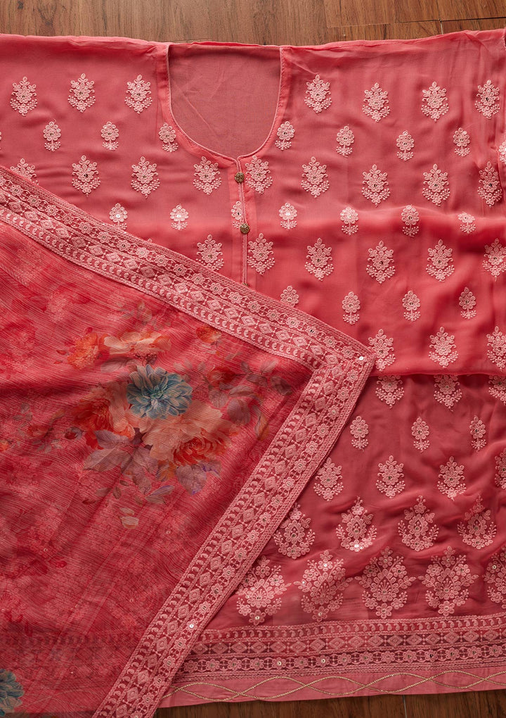 Peach Threadwork Georgette Designer Unstitched Salwar Suit - koskii