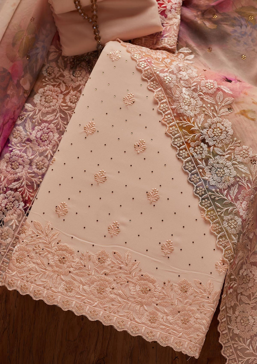 Peach Threadwork Georgette Designer Unstitched Salwar Suit - koskii