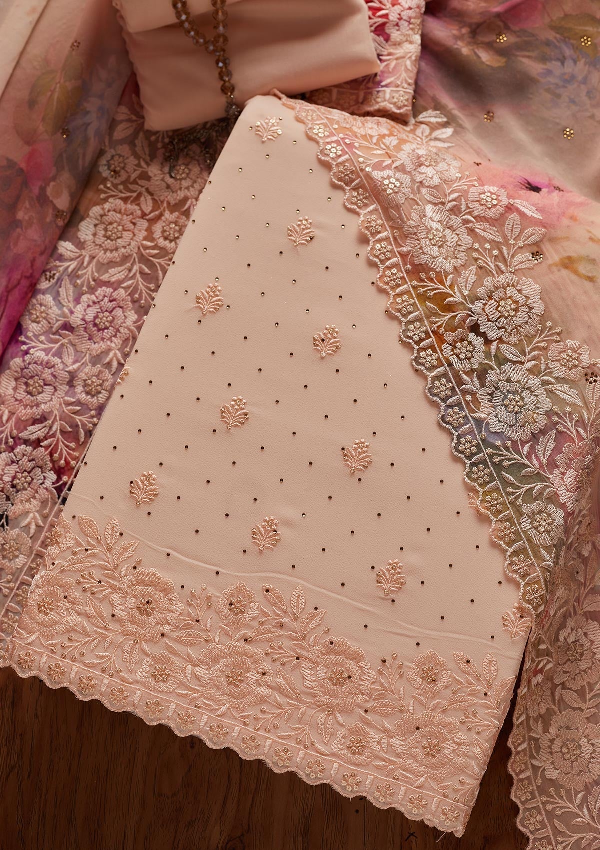 Peach Threadwork Georgette Designer Unstitched Salwar Suit - koskii